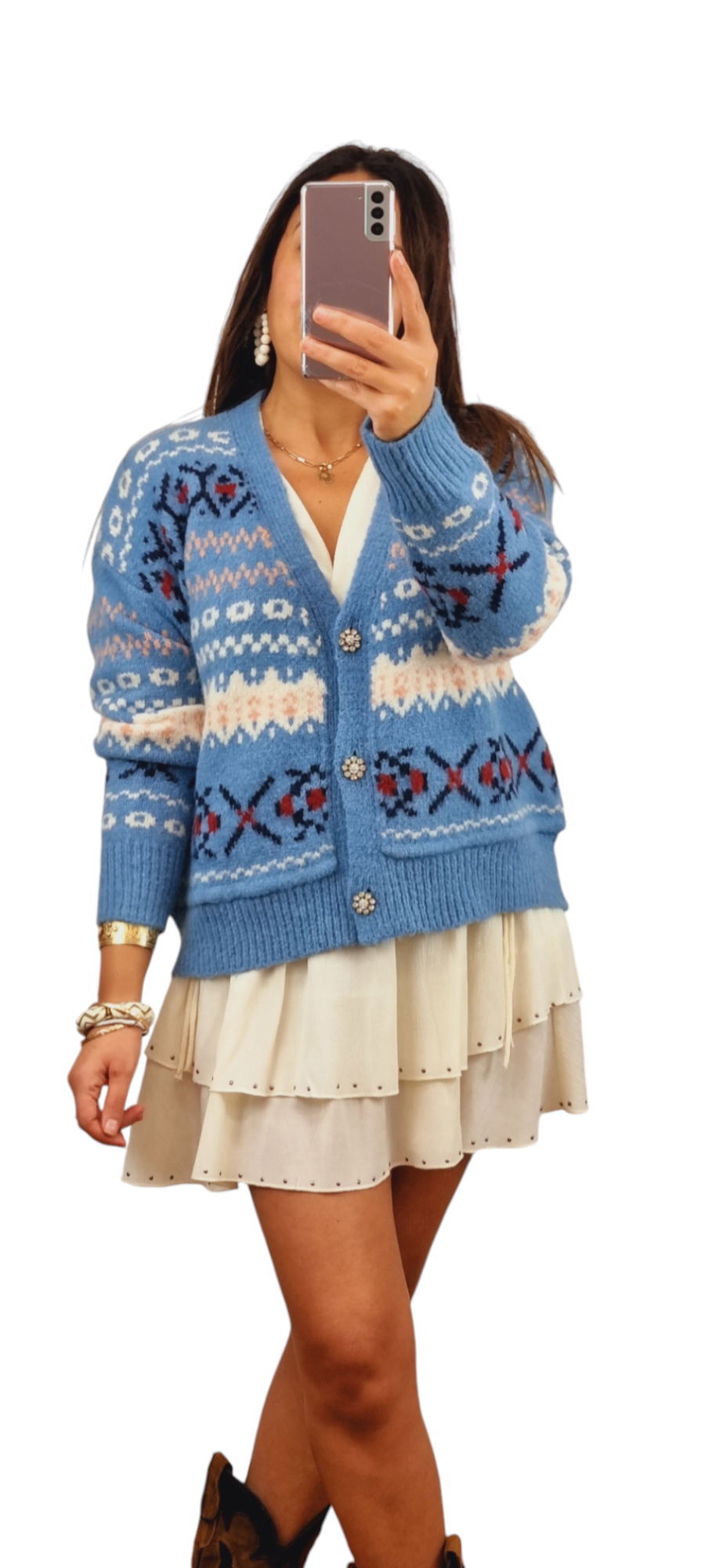 Cardigan bleu à motifs