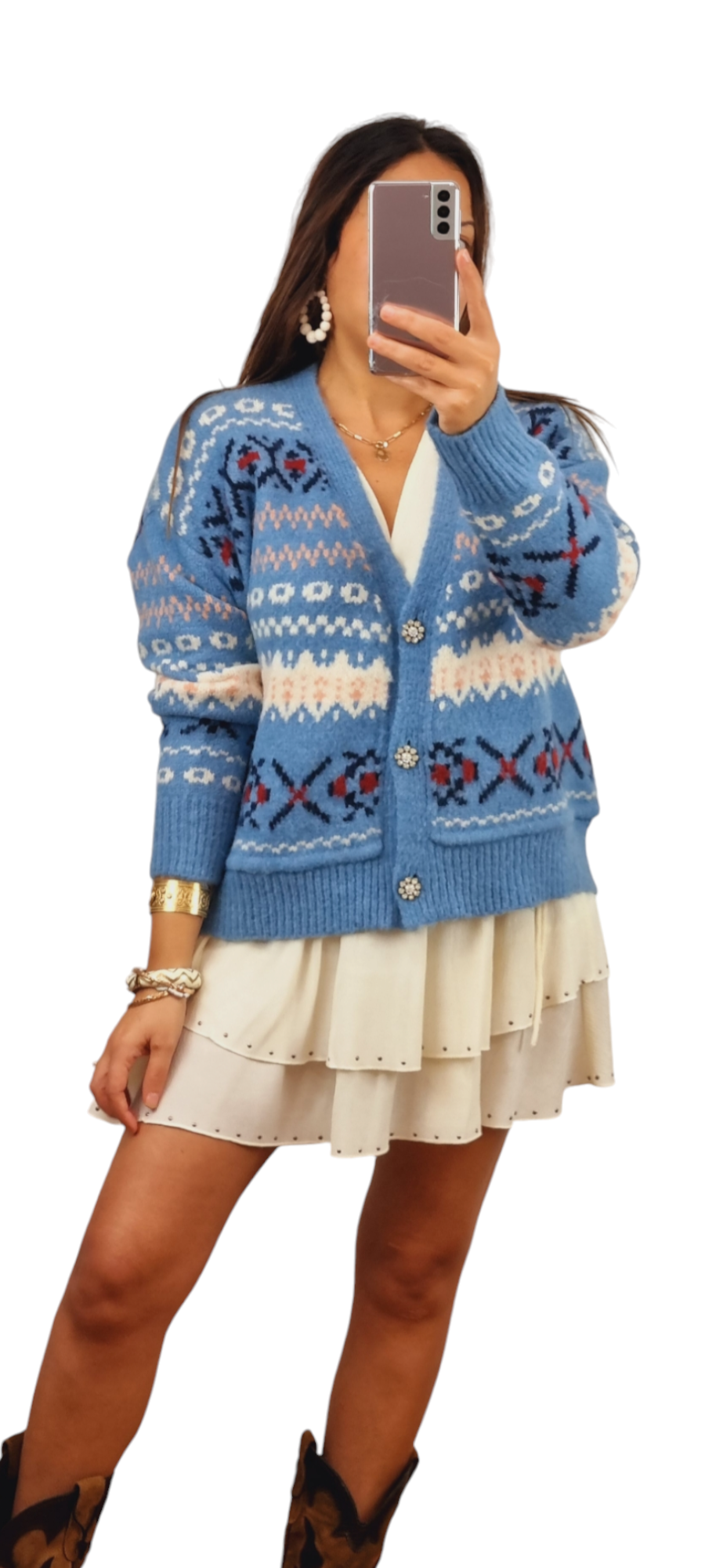 Cardigan bleu à motifs