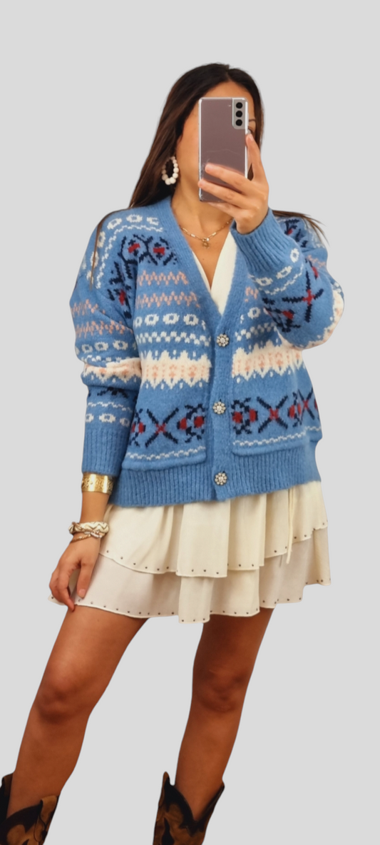 Cardigan bleu à motifs